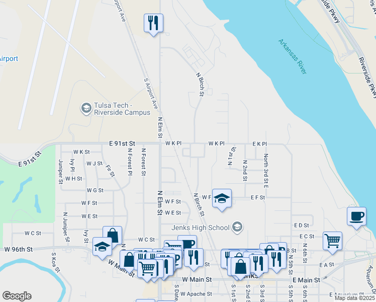 map of restaurants, bars, coffee shops, grocery stores, and more near 304 West K Street in Jenks