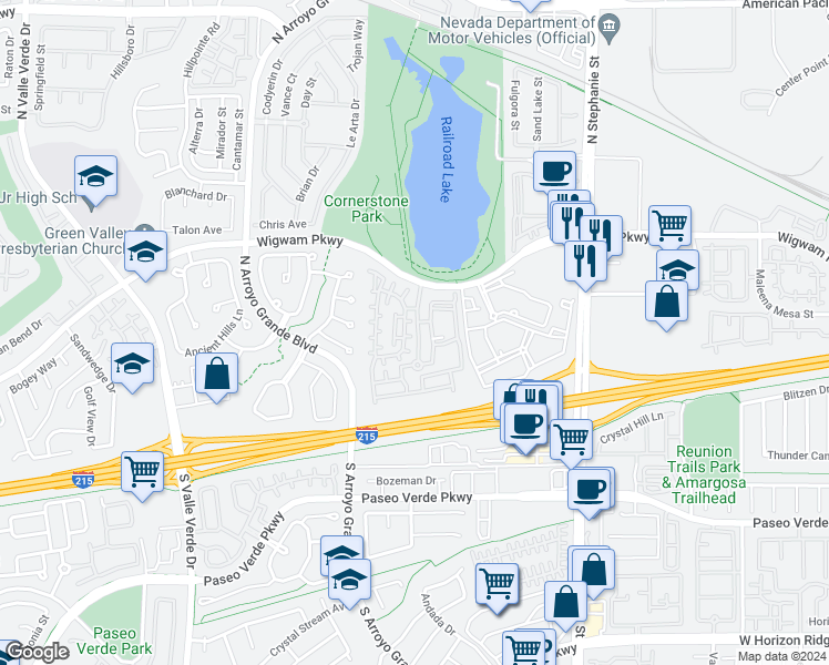 map of restaurants, bars, coffee shops, grocery stores, and more near 1504 Mango Rose Court in Henderson