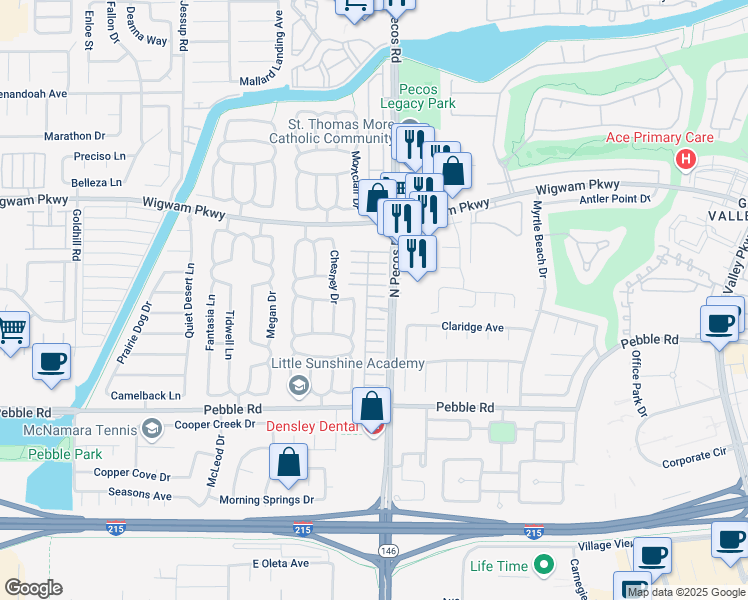 map of restaurants, bars, coffee shops, grocery stores, and more near 2609 Ponderosa Pine Ave in Henderson