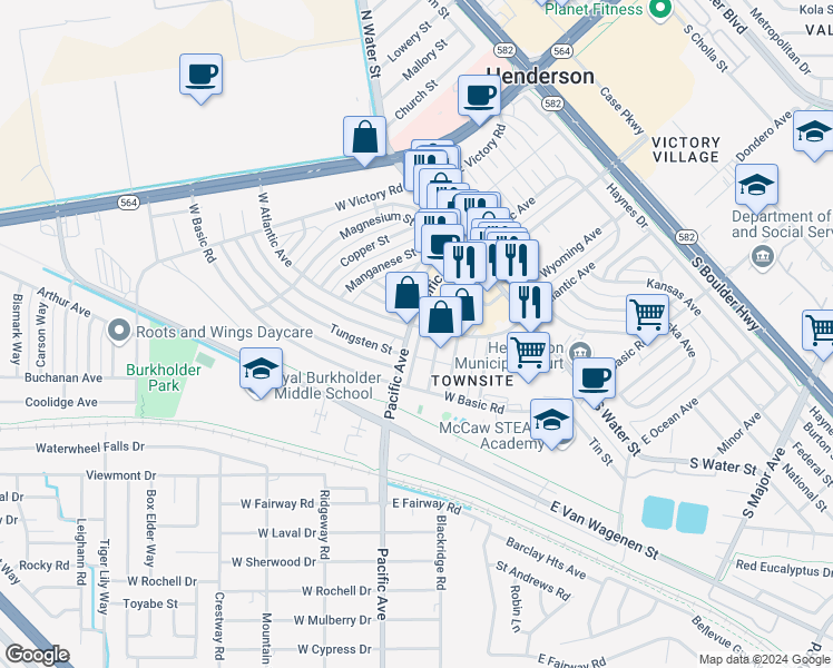 map of restaurants, bars, coffee shops, grocery stores, and more near 203 Pacific Avenue in Henderson