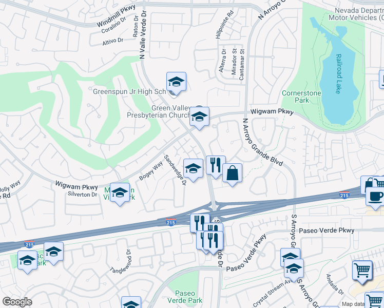 map of restaurants, bars, coffee shops, grocery stores, and more near 75 North Valle Verde Drive in Henderson