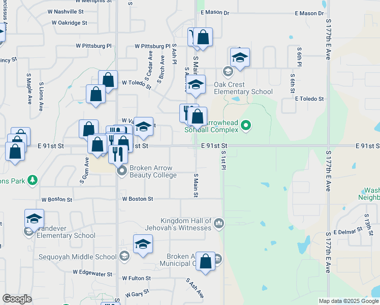 map of restaurants, bars, coffee shops, grocery stores, and more near 107 West Washington Street in Broken Arrow