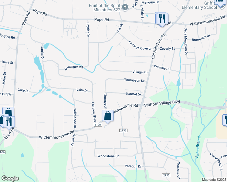 map of restaurants, bars, coffee shops, grocery stores, and more near 1725 Karmel Drive in Winston-Salem