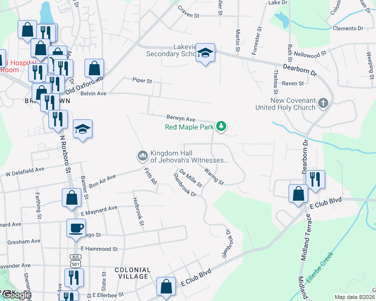 map of restaurants, bars, coffee shops, grocery stores, and more near 807 Waring Street in Durham