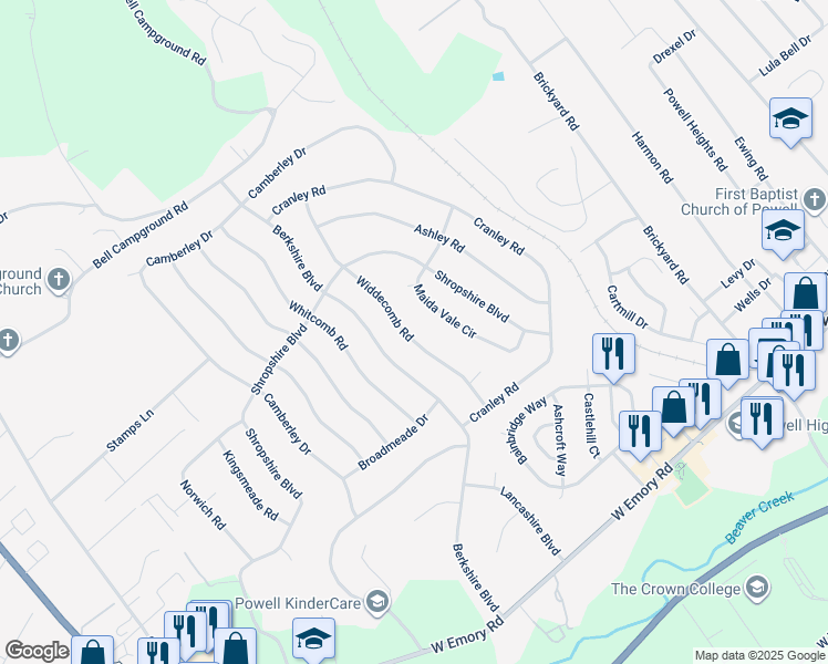 map of restaurants, bars, coffee shops, grocery stores, and more near 7742 Widdecomb Road in Powell