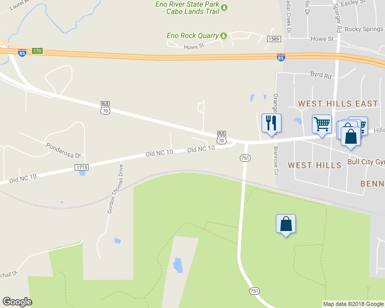 map of restaurants, bars, coffee shops, grocery stores, and more near 5145 Old NC 10 in Durham
