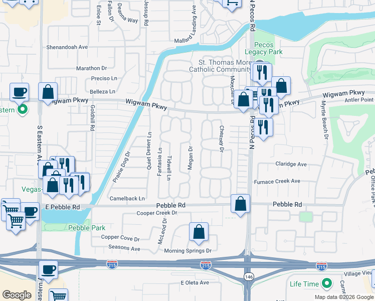 map of restaurants, bars, coffee shops, grocery stores, and more near 61 Megan Drive in Henderson
