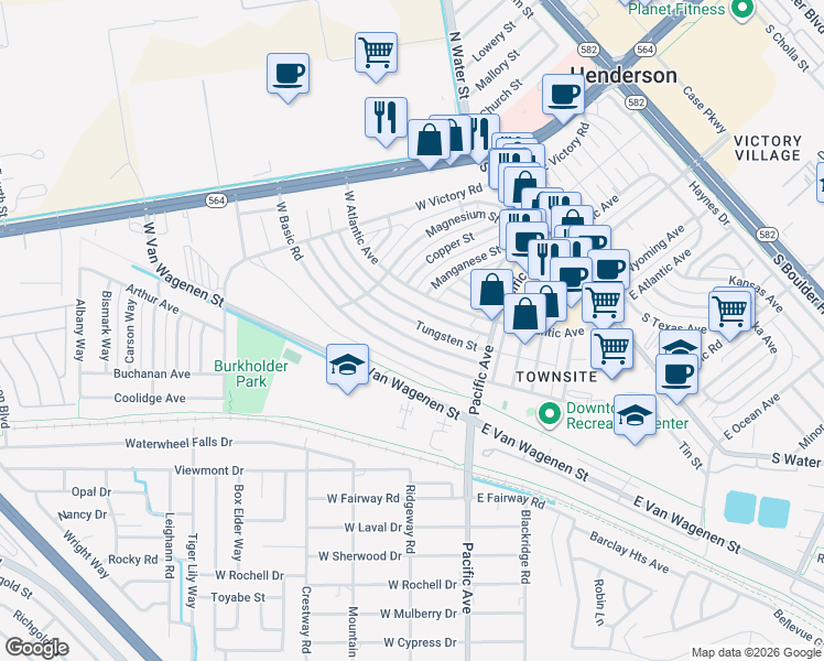 map of restaurants, bars, coffee shops, grocery stores, and more near 255 Tungsten Street in Henderson