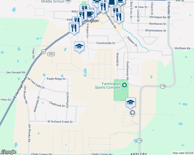 map of restaurants, bars, coffee shops, grocery stores, and more near 12655 Orchid Road in Farmington