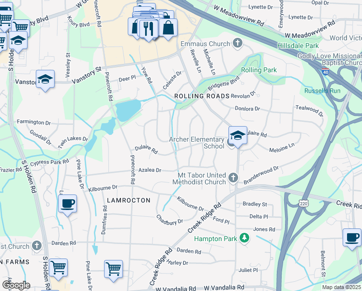 map of restaurants, bars, coffee shops, grocery stores, and more near 2704 Dulaire Road in Greensboro