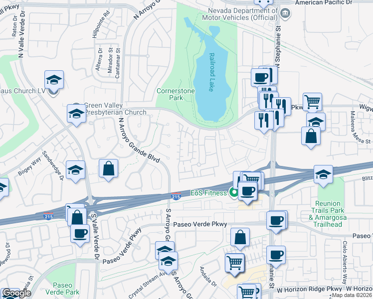 map of restaurants, bars, coffee shops, grocery stores, and more near 33 Jasmine Point Street in Henderson