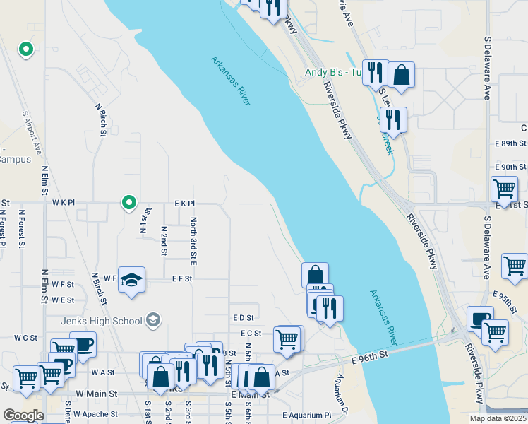 map of restaurants, bars, coffee shops, grocery stores, and more near 1280 Riverwalk Terrace in Jenks