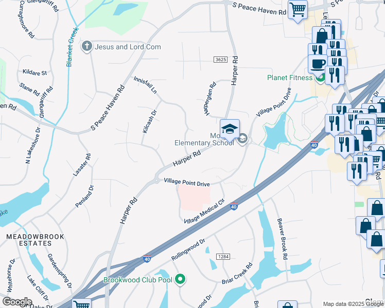 map of restaurants, bars, coffee shops, grocery stores, and more near 3430 Harper Road in Clemmons