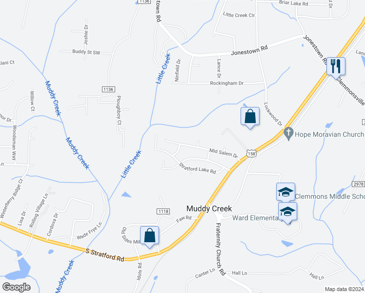 map of restaurants, bars, coffee shops, grocery stores, and more near 2542 Mid Salem Drive in Winston-Salem