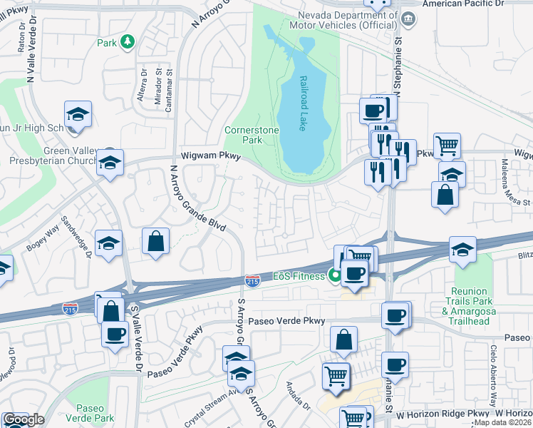 map of restaurants, bars, coffee shops, grocery stores, and more near 33 Jasmine Point Street in Henderson