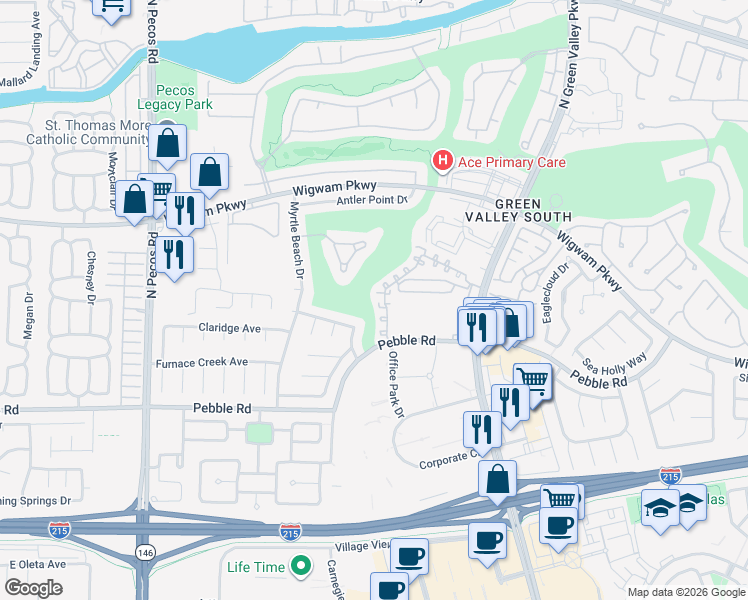 map of restaurants, bars, coffee shops, grocery stores, and more near 2340 Ramsgate Drive in Henderson