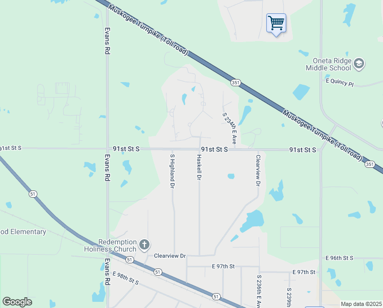 map of restaurants, bars, coffee shops, grocery stores, and more near 9101 South Highland Drive in Broken Arrow