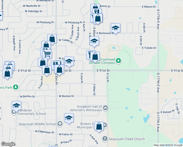 map of restaurants, bars, coffee shops, grocery stores, and more near 109 West Washington Street in Broken Arrow