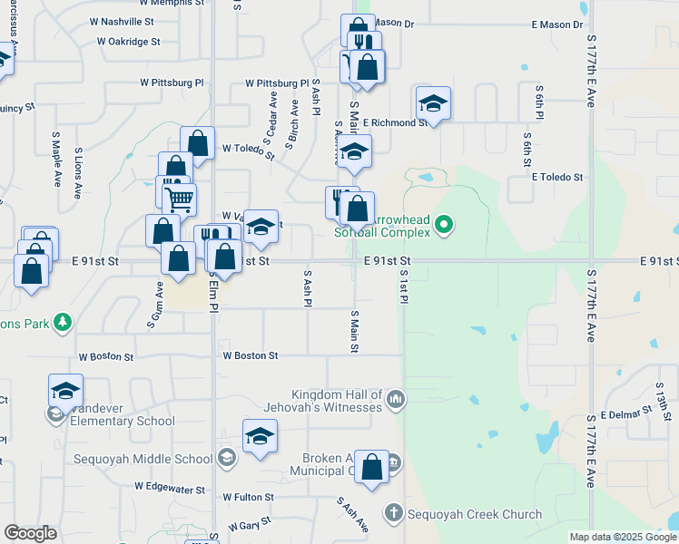 map of restaurants, bars, coffee shops, grocery stores, and more near 109 West Washington Street in Broken Arrow