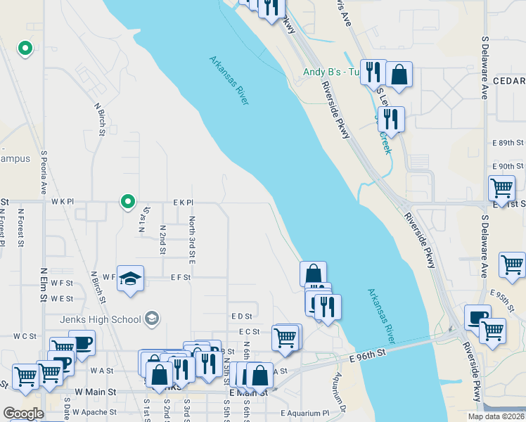 map of restaurants, bars, coffee shops, grocery stores, and more near 1280 Riverwalk Terrace in Jenks