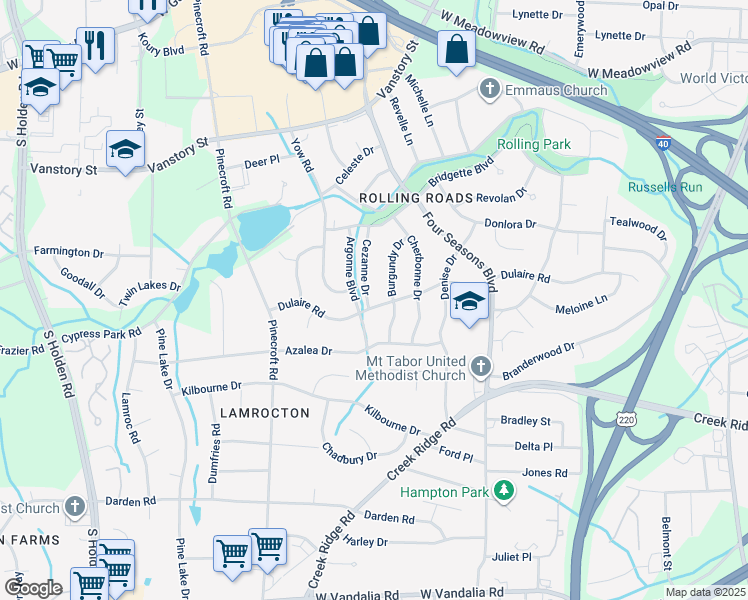 map of restaurants, bars, coffee shops, grocery stores, and more near 2704 Dulaire Road in Greensboro