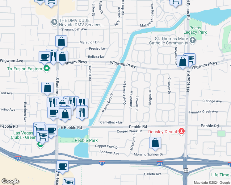 map of restaurants, bars, coffee shops, grocery stores, and more near 2815 Whisper Lane in Henderson