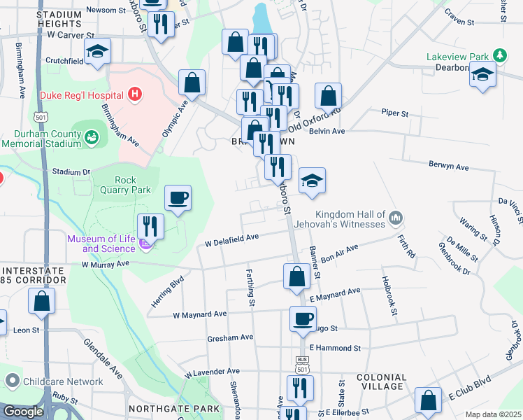 map of restaurants, bars, coffee shops, grocery stores, and more near 100 West Channing Avenue in Durham