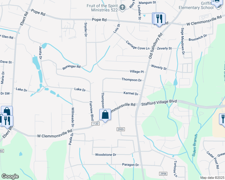 map of restaurants, bars, coffee shops, grocery stores, and more near 1725 Karmel Drive in Winston-Salem