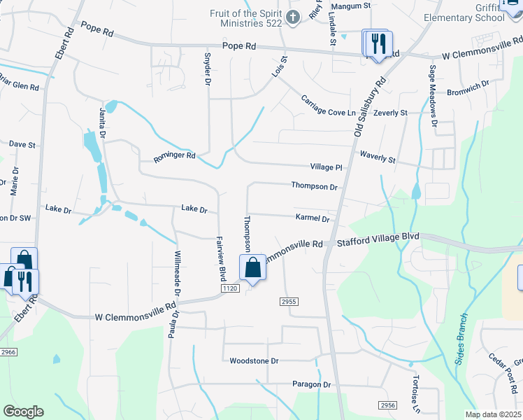 map of restaurants, bars, coffee shops, grocery stores, and more near 1727 Karmel Drive in Winston-Salem