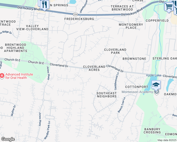 map of restaurants, bars, coffee shops, grocery stores, and more near 5815 Cloverland Drive in Brentwood
