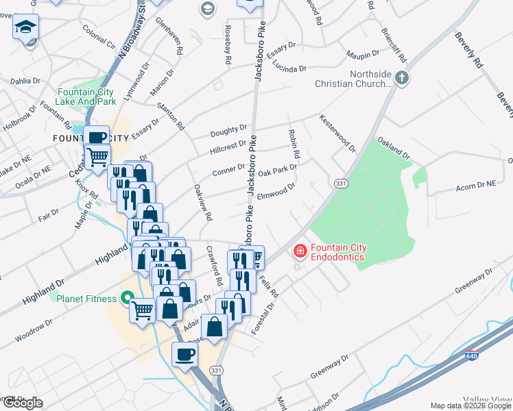 map of restaurants, bars, coffee shops, grocery stores, and more near 5018 Jacksboro Pike in Knoxville