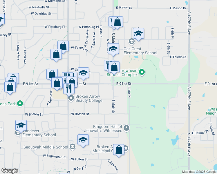 map of restaurants, bars, coffee shops, grocery stores, and more near 109 West Washington Street in Broken Arrow