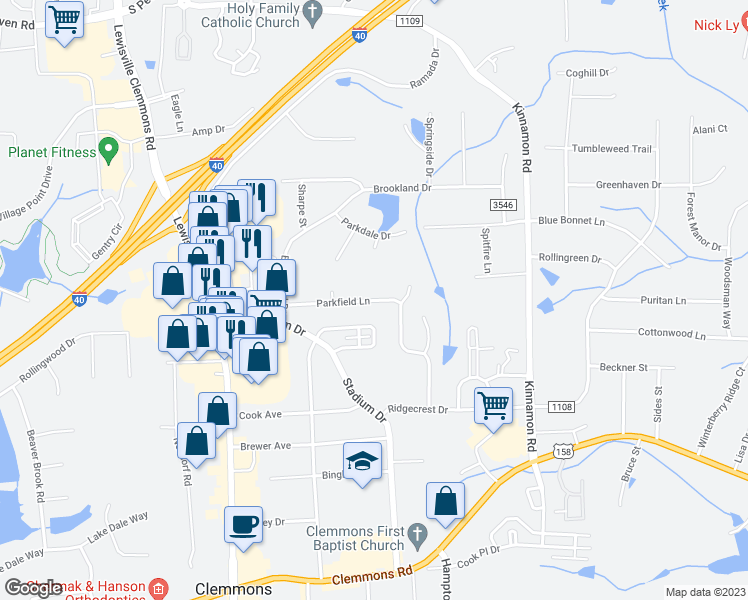 map of restaurants, bars, coffee shops, grocery stores, and more near 6205 Parkfield Lane in Clemmons
