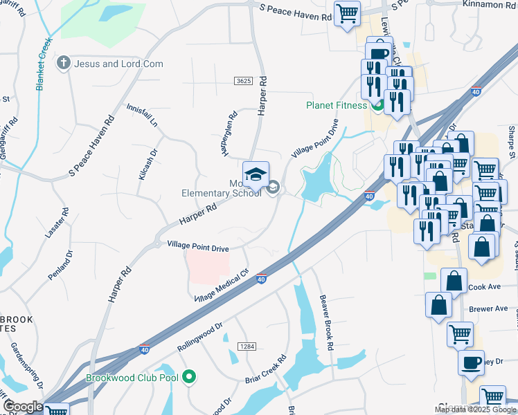 map of restaurants, bars, coffee shops, grocery stores, and more near 3210 Village Point Drive in Clemmons