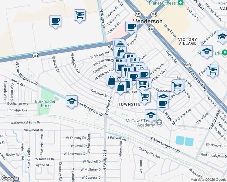 map of restaurants, bars, coffee shops, grocery stores, and more near 203 Pacific Avenue in Henderson