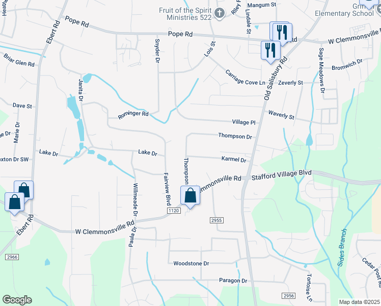 map of restaurants, bars, coffee shops, grocery stores, and more near 1795 Karmel Drive in Winston-Salem