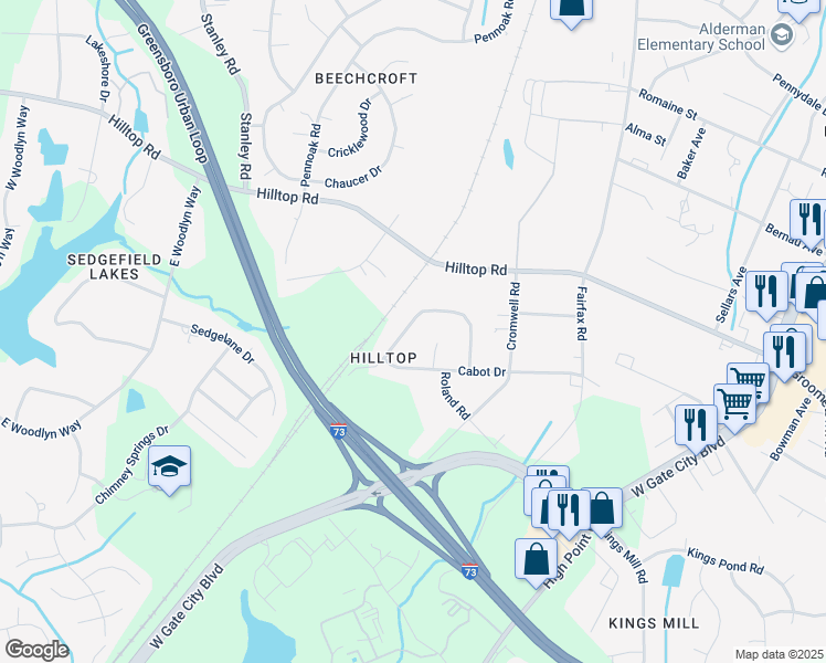 map of restaurants, bars, coffee shops, grocery stores, and more near 2607 Norwood Drive in Greensboro