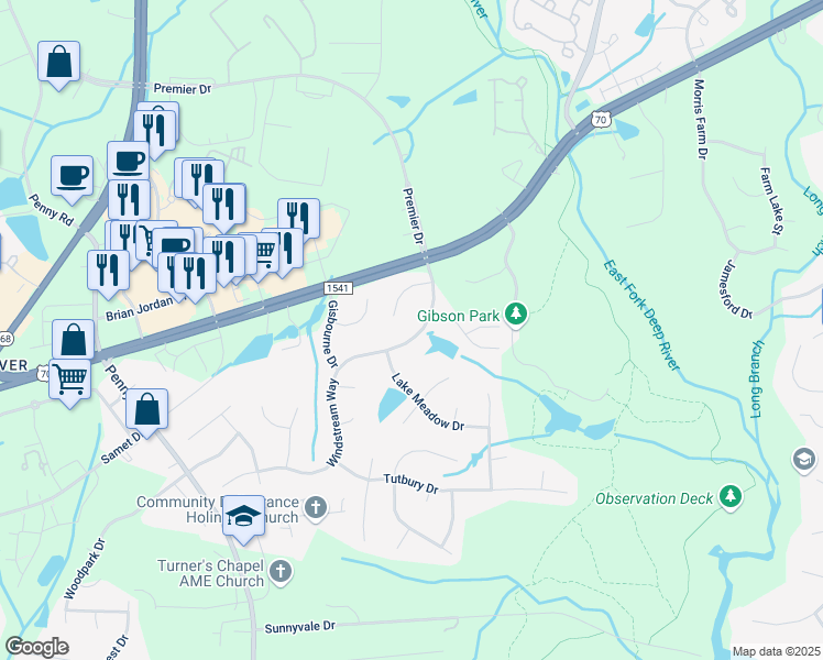 map of restaurants, bars, coffee shops, grocery stores, and more near 3853 Windstream Way in Jamestown