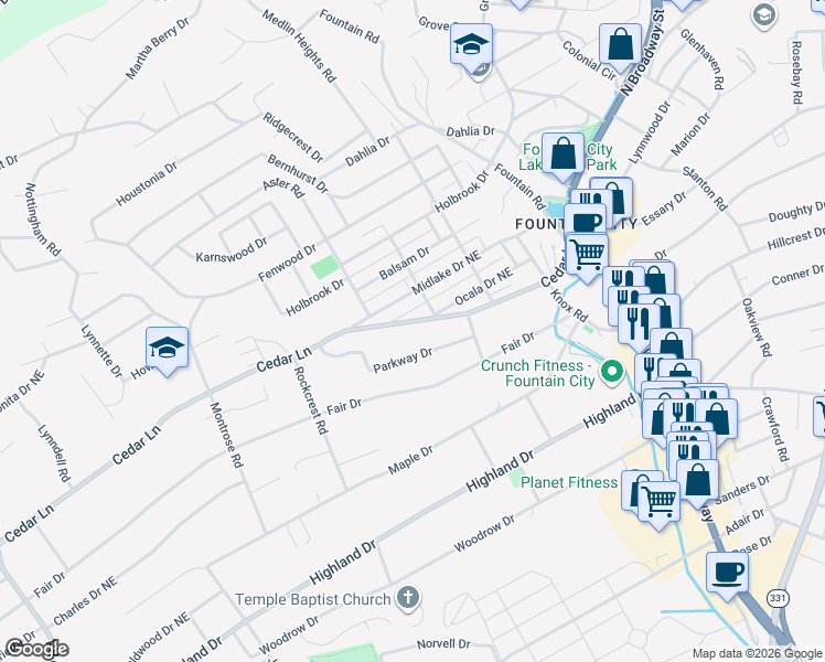 map of restaurants, bars, coffee shops, grocery stores, and more near 2322 Cedar Lane in Knoxville