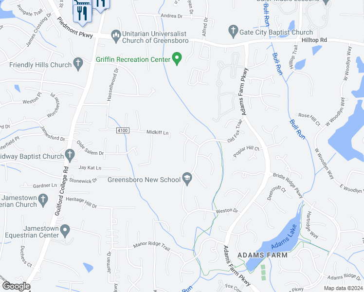 map of restaurants, bars, coffee shops, grocery stores, and more near 10 Topridge Court in Greensboro
