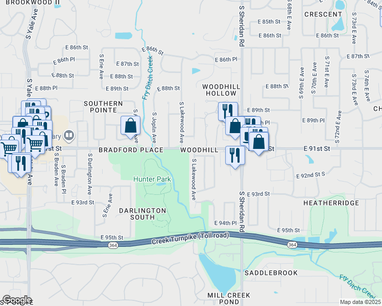 map of restaurants, bars, coffee shops, grocery stores, and more near 9106 South Lakewood Avenue in Tulsa