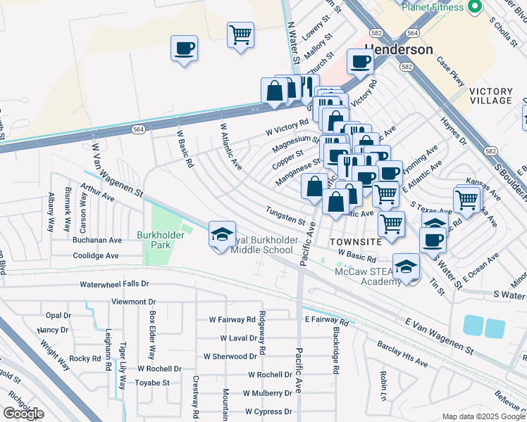 map of restaurants, bars, coffee shops, grocery stores, and more near 255 Tungsten St in Henderson