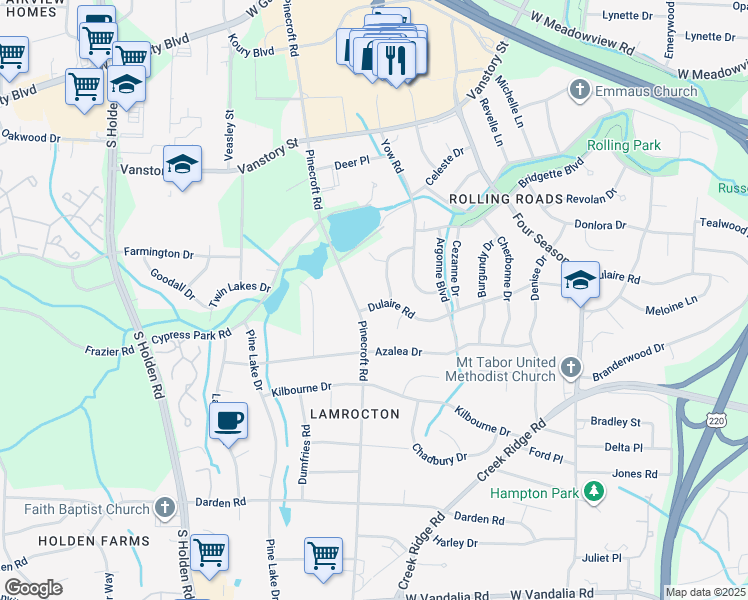 map of restaurants, bars, coffee shops, grocery stores, and more near 2820 Dulaire Road in Greensboro