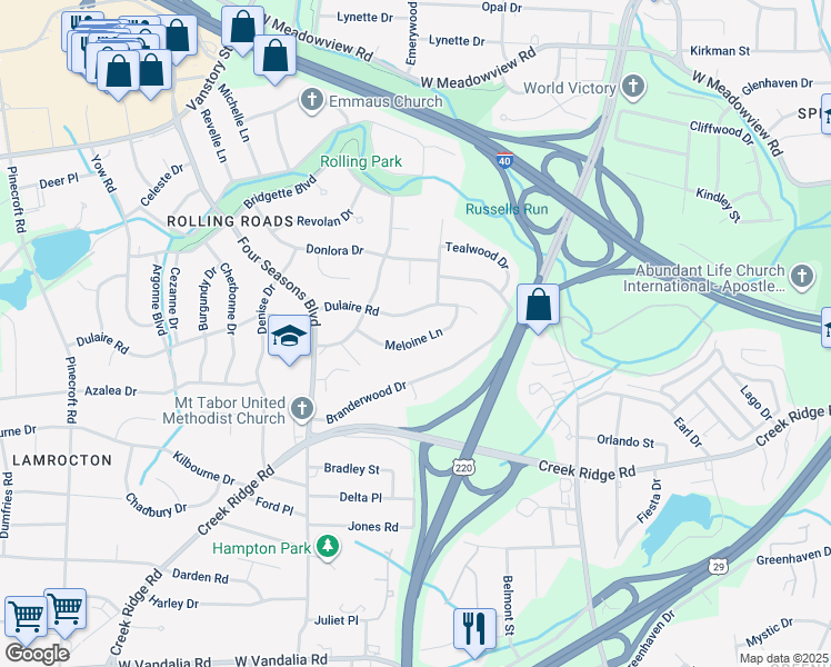 map of restaurants, bars, coffee shops, grocery stores, and more near 2212 Meloine Lane in Greensboro