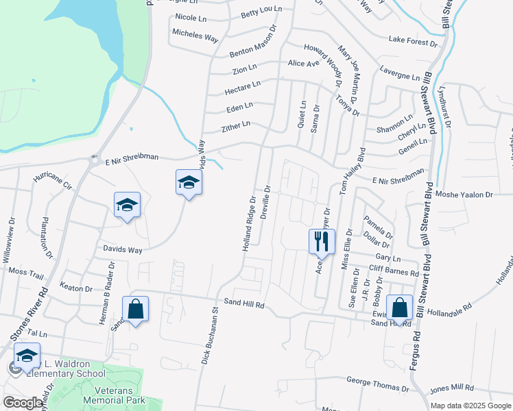 map of restaurants, bars, coffee shops, grocery stores, and more near 722 Holland Ridge Drive in La Vergne