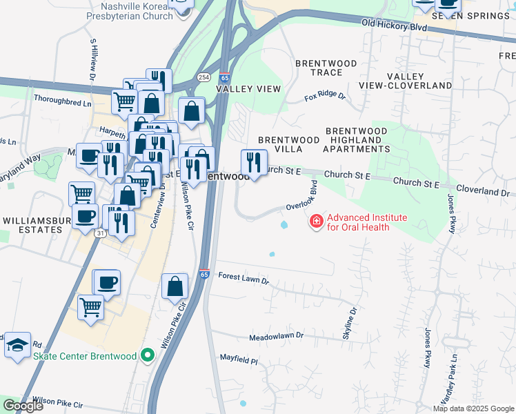 map of restaurants, bars, coffee shops, grocery stores, and more near 9010 Overlook Boulevard in Brentwood