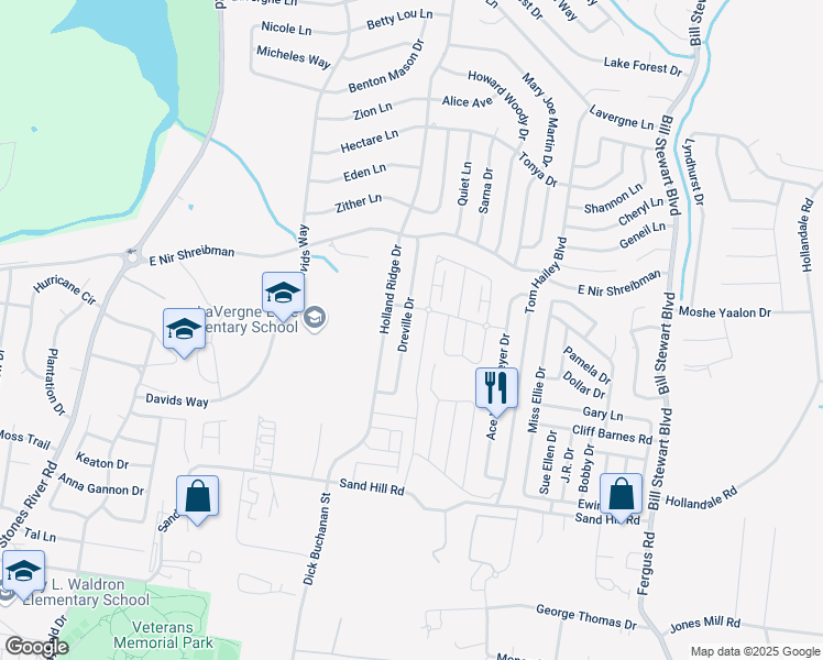 map of restaurants, bars, coffee shops, grocery stores, and more near 137 Dreville Drive in La Vergne