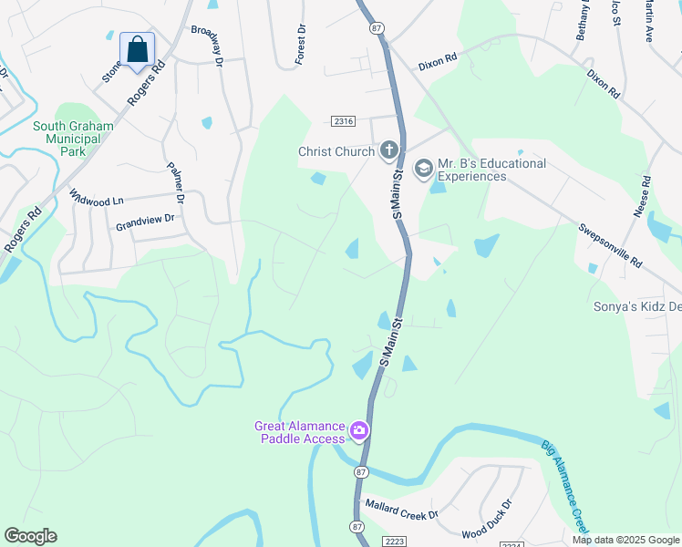 map of restaurants, bars, coffee shops, grocery stores, and more near 1851 South Main Street in Graham
