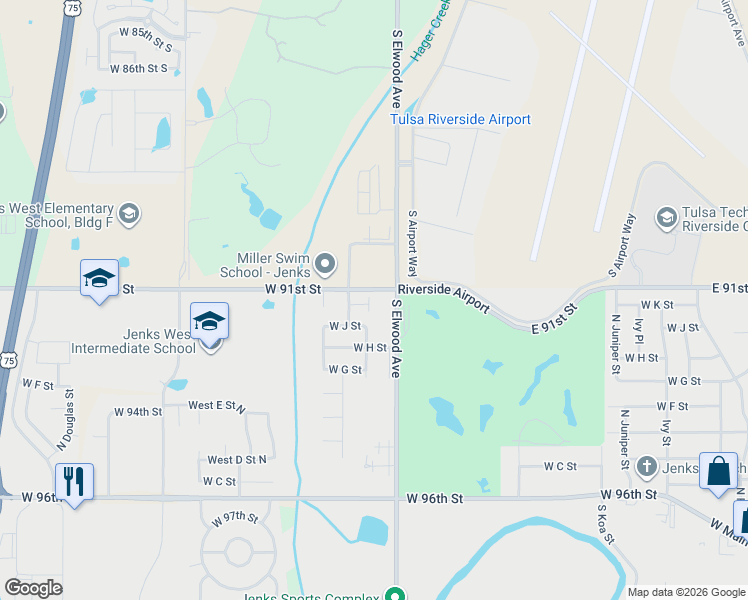 map of restaurants, bars, coffee shops, grocery stores, and more near 9132 South Elwood Avenue in Jenks