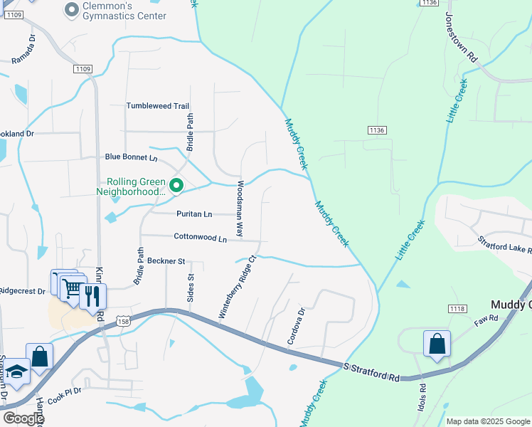 map of restaurants, bars, coffee shops, grocery stores, and more near 4417 Winterberry Ridge Court in Winston-Salem